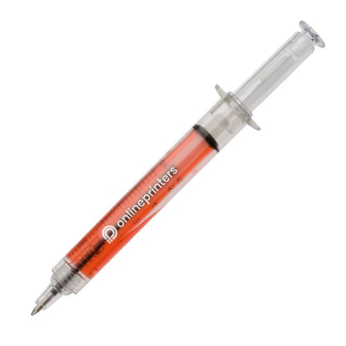 Stylo  bille rouge en plastique en forme de seringue avec capuchon amovible.