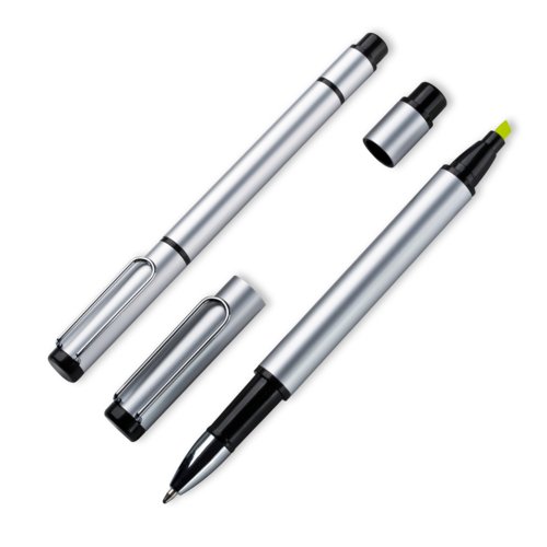 Stylo double en mtal gris avec stylo  bille et surligneur.
