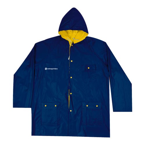 Veste de pluie rversible bleue et jaune avec capuche et poches.