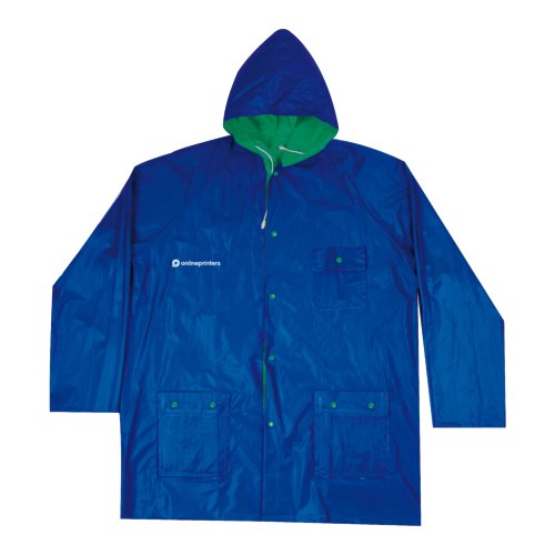 Veste de pluie rversible bleu et vert avec capuche et poches.