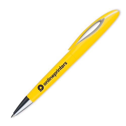 Stylo  bille en plastique jaune avec clip et bouton-poussoir.