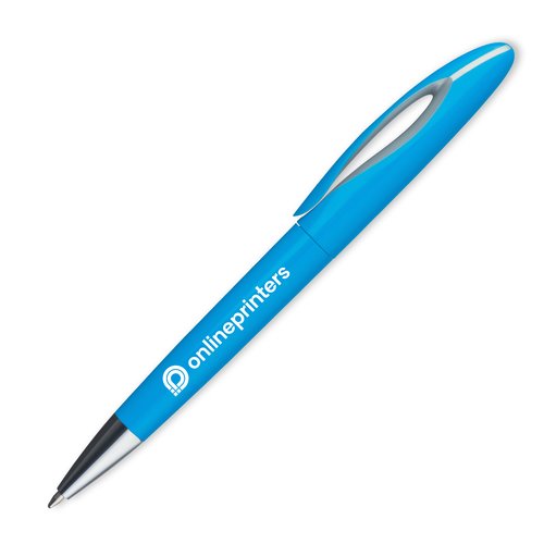Stylo  bille en plastique bleu clair avec motif et bouton poussoir.
