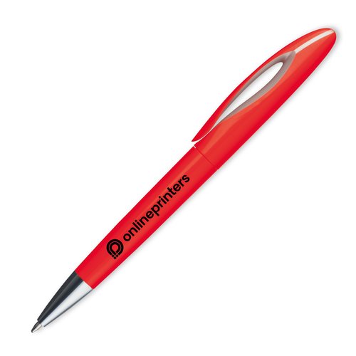 Stylo  bille rouge en plastique avec clip et bouton poussoir.