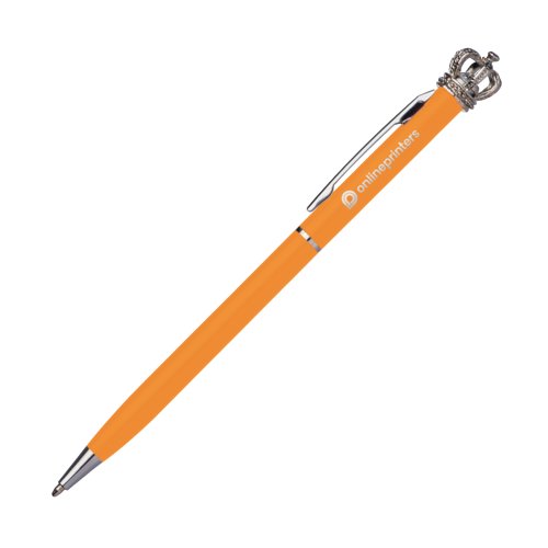 Stylo  bille orange en mtal avec clip et dcoration de couronne.