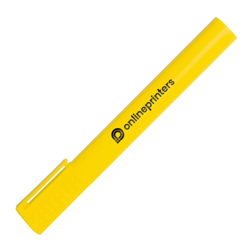 Surligneur jaune en plastique avec capuchon.