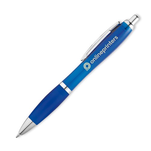 Stylo  bille en plastique bleu  motif, avec clip et bouton poussoir.