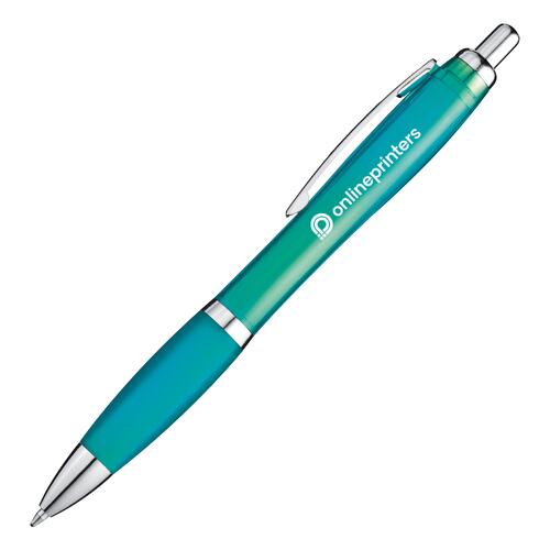 Stylo � bille turquoise en plastique avec clip et bouton poussoir.