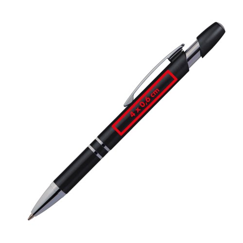 Stylo  bille en mtal noir avec clip et bouton poussoir.