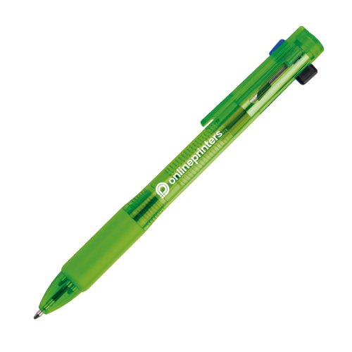 Stylo  bille en plastique vert avec quatre mines et clip.