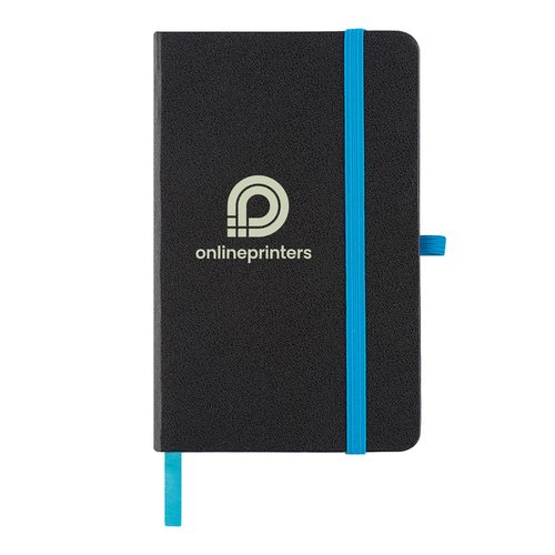 Carnet turquoise avec fermeture lastique et marque-page ruban.