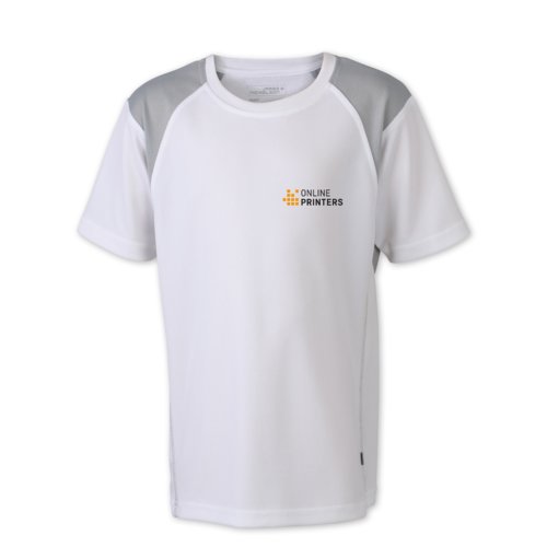 T-shirt de course blanc et argent en polyester pour enfants.