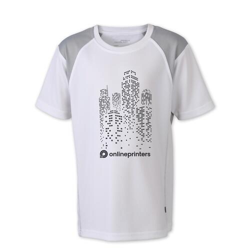 T-shirt de course blanc pour enfant en polyester avec manches courtes.