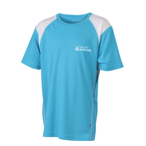 T-shirt de course bleu clair en polyester pour enfants  manches courtes.