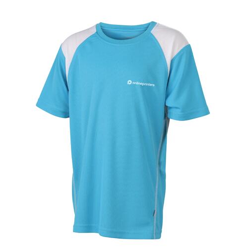 T-shirt de course bleu clair en polyester pour enfants � manches courtes.