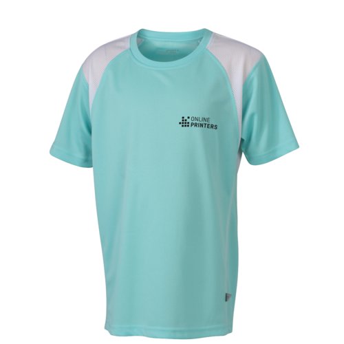 T-shirt de course vert menthe en polyester pour enfants avec manches courtes.