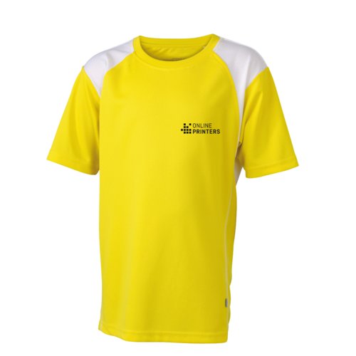 T-shirt de course enfant jaune/blanc en polyester  manches courtes.