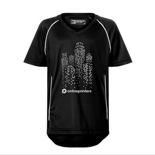 T-shirt d'�quipe enfant noir et blanc en polyester avec col en V.