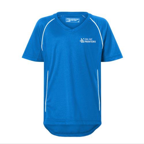 T-shirt bleu roi/blanc en polyester avec col en V pour enfants.