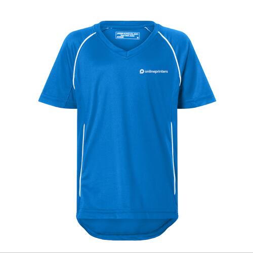 T-shirt bleu roi/blanc en polyester avec col en V pour enfants.
