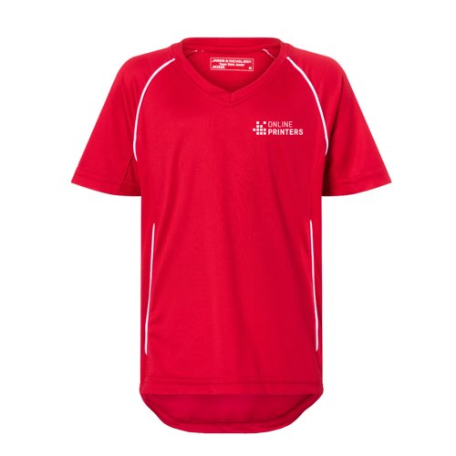 T-shirt rouge en polyester pour enfants avec col en V et manches courtes.