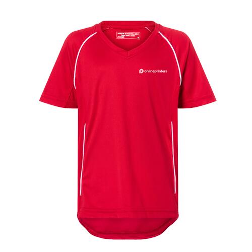 T-shirt rouge en polyester pour enfants avec col en V et manches courtes.
