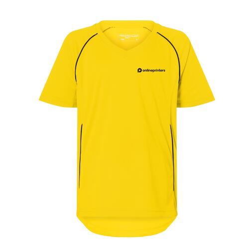 T-shirt d'�quipe enfant jaune en polyester avec col en V et manches courtes.