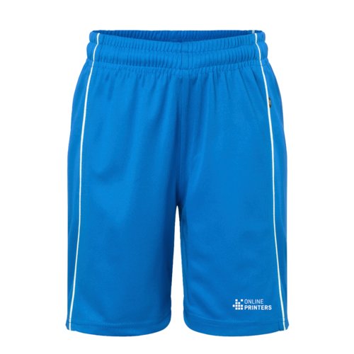 Shorts en polyester bleu roi avec taille lastique et bandes latrales blanches.