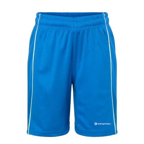 Shorts en polyester bleu roi avec taille �lastique et bandes lat�rales blanches.