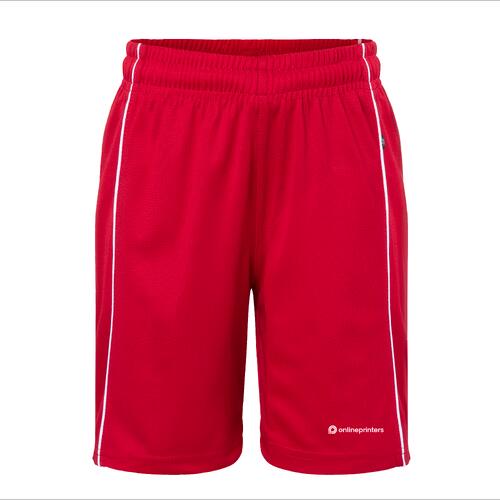 Short rouge en polyester avec ceinture �lastique et bandes lat�rales contrast�es.
