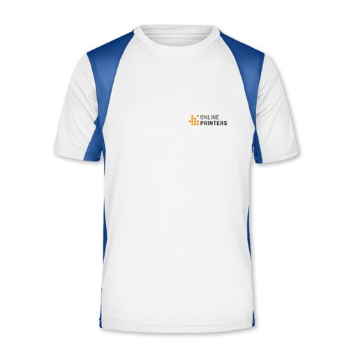 T-shirt de sport blanc/bleu en polyester avec manches courtes.