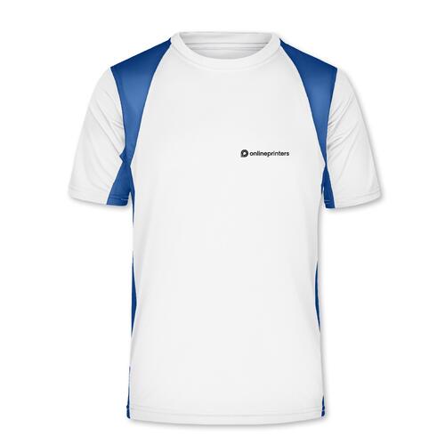 T-shirt de sport blanc/bleu en polyester avec manches courtes.