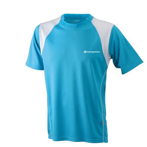 T-shirt de course en polyester bleu clair et blanc pour hommes avec manches courtes.