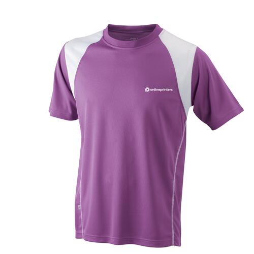 T-shirt de course violet et blanc en polyester pour hommes � manches courtes.