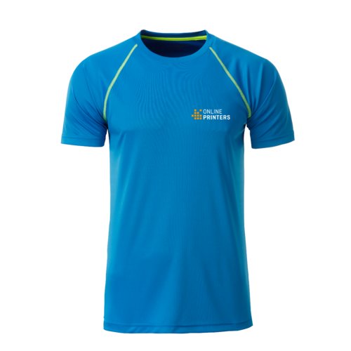 T-shirt bleu en polyester avec manches courtes.