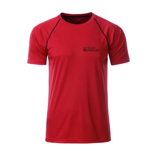 T-shirt rouge en polyester avec manches courtes.