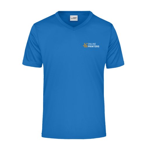 T-shirt en polyester bleu roi  col en V pour hommes avec manches courtes.