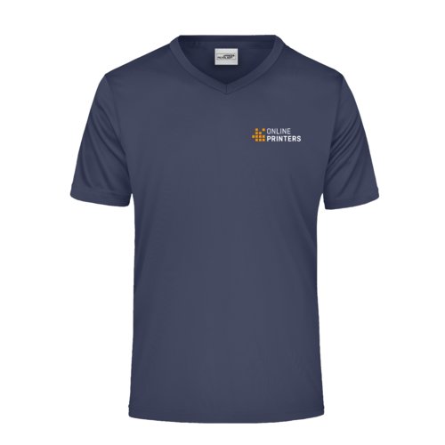 T-shirt bleu-noir en polyester  col en V et manches courtes.