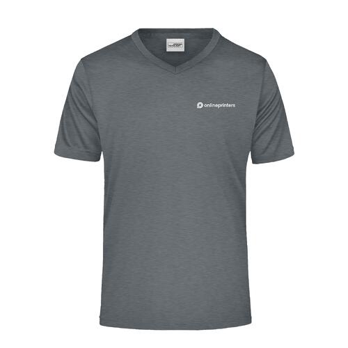 T-shirt col en V en polyester chin� gris fonc�.