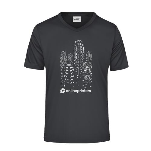 T-shirt noir � col en V en polyester pour hommes avec manches courtes.