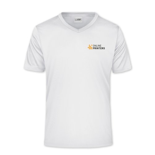 T-shirt blanc en polyester avec col en V et manches courtes.