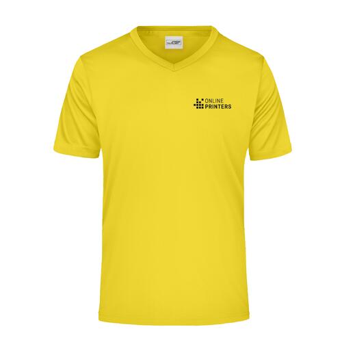 T-shirt jaune en polyester � col en V et manches courtes.
