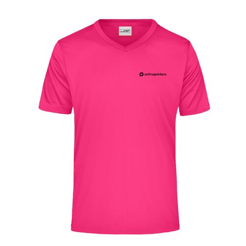 T-shirt rose � col en V en polyester pour hommes avec manches courtes.