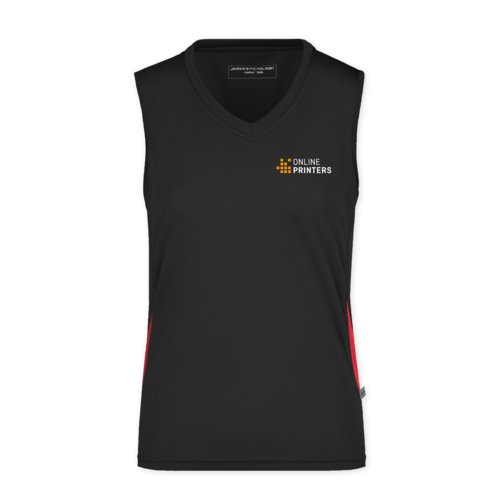 Dbardeur noir et rouge en polyester avec encolure en V pour femmes.