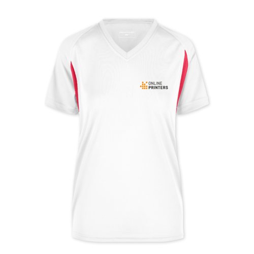 T-shirt fonctionnel pour femme en polyester blanc et rouge avec col en V.