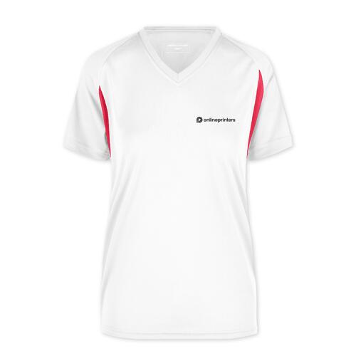 T-shirt fonctionnel pour femme en polyester blanc et rouge avec col en V.