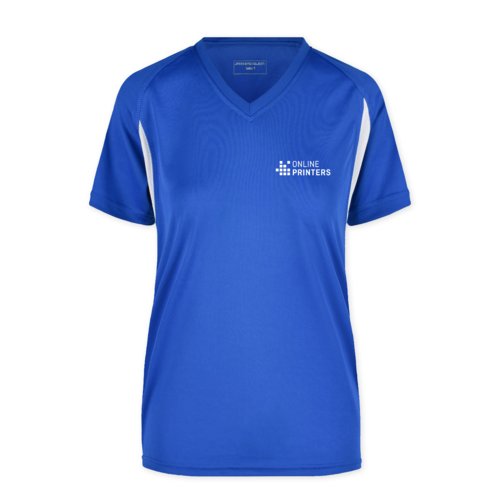 T-shirt de sport bleu en polyester pour femmes avec col en V.