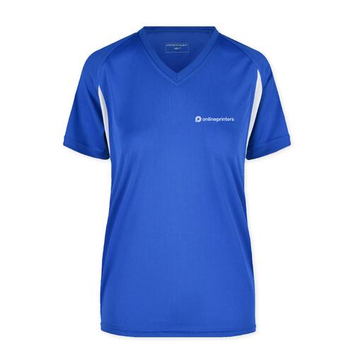 T-shirt de sport bleu en polyester pour femmes avec col en V.