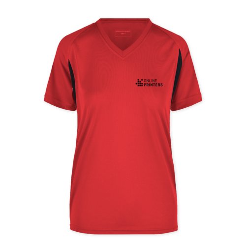 T-shirt de sport rouge en polyester pour femmes avec col en V et manches courtes.