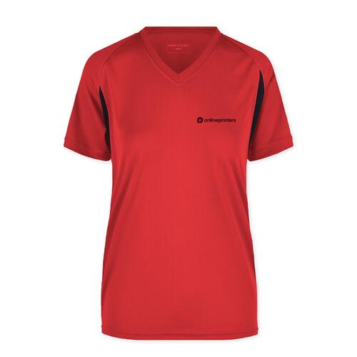 T-shirt de sport rouge en polyester pour femmes avec col en V et manches courtes.