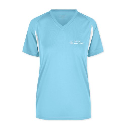 T-shirt fonctionnel bleu clair en polyester avec col en V et manches courtes.